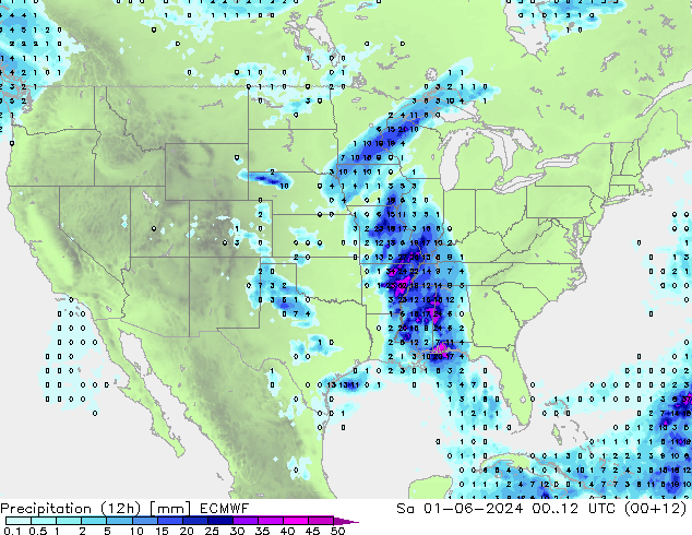 Precipitation (12h) ECMWF Sa 01.06.2024 12 UTC