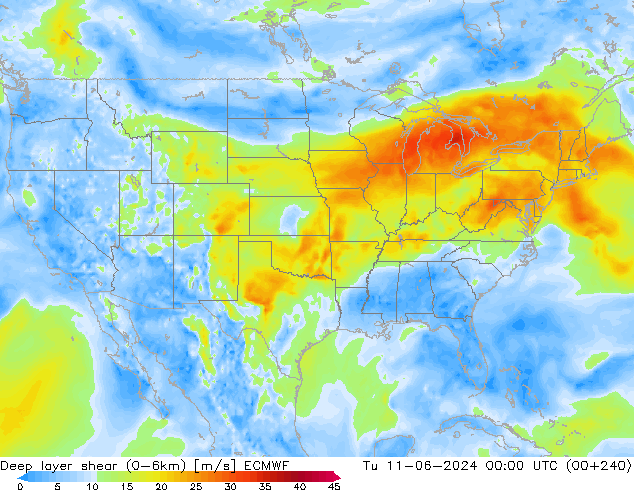 Deep layer shear (0-6km) ECMWF Tu 11.06.2024 00 UTC