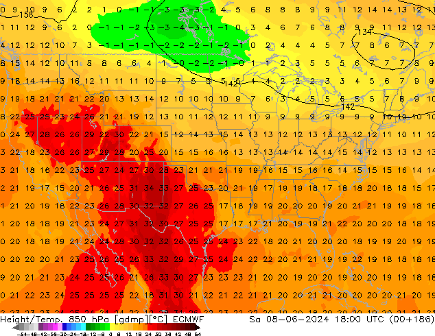 Géop./Temp. 850 hPa ECMWF sam 08.06.2024 18 UTC