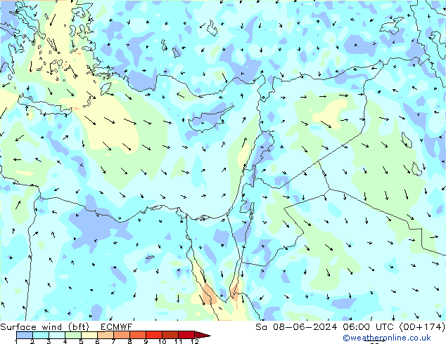 Vent 10 m (bft) ECMWF sam 08.06.2024 06 UTC