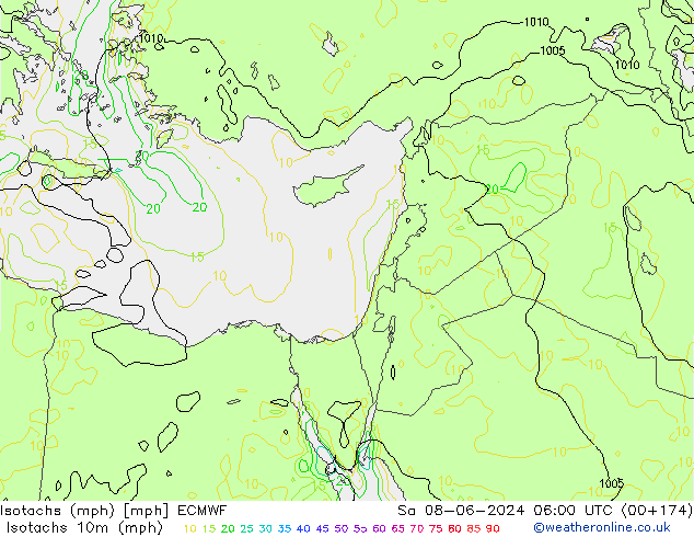 Isotachen (mph) ECMWF za 08.06.2024 06 UTC