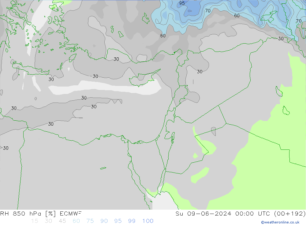 Humidité rel. 850 hPa ECMWF dim 09.06.2024 00 UTC