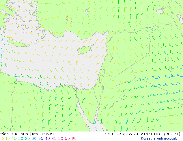 Wind 700 hPa ECMWF Sa 01.06.2024 21 UTC