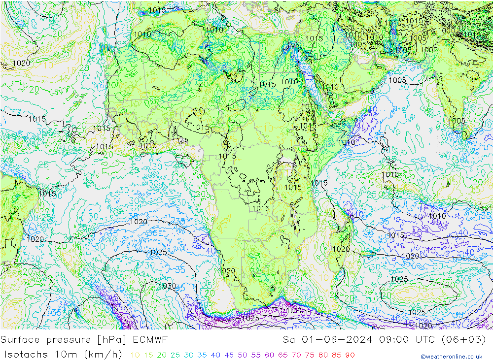 Eşrüzgar Hızları (km/sa) ECMWF Cts 01.06.2024 09 UTC