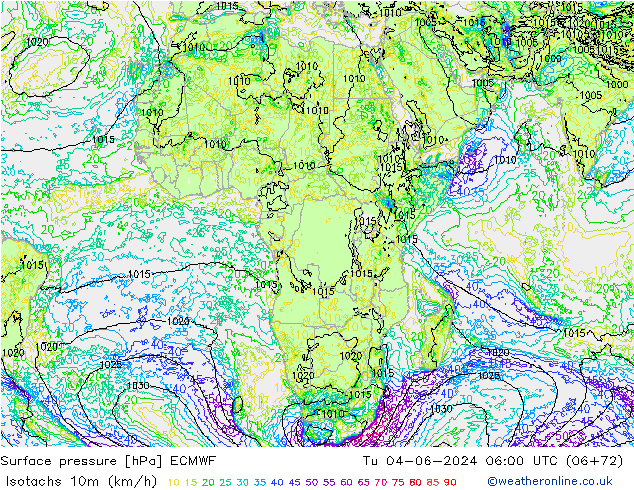 Isotachs (kph) ECMWF mar 04.06.2024 06 UTC