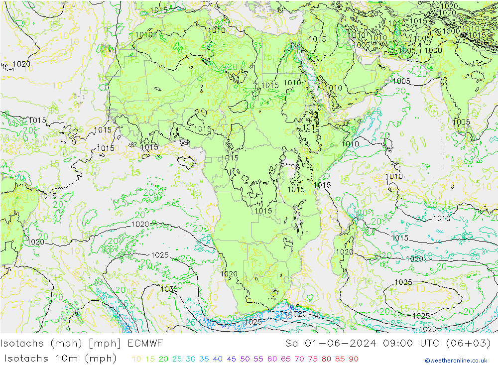 Isotachs (mph) ECMWF Sáb 01.06.2024 09 UTC