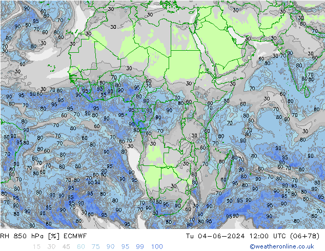 Humidité rel. 850 hPa ECMWF mar 04.06.2024 12 UTC