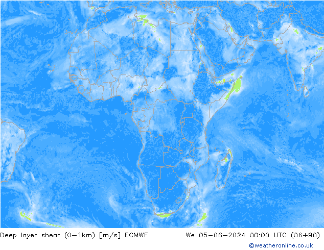 Deep layer shear (0-1km) ECMWF wo 05.06.2024 00 UTC