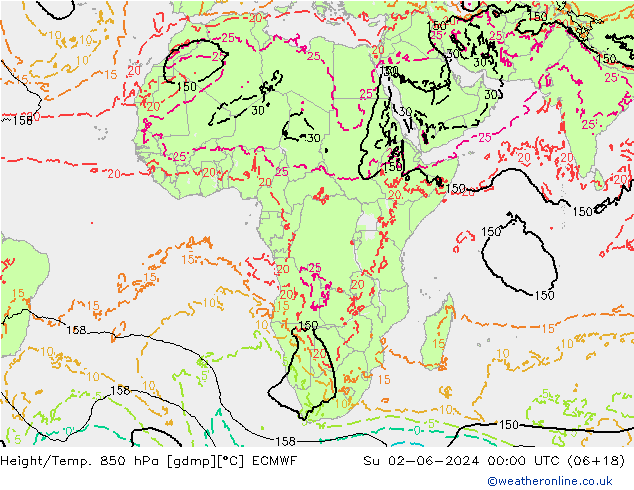 Z500/Yağmur (+YB)/Z850 ECMWF Paz 02.06.2024 00 UTC