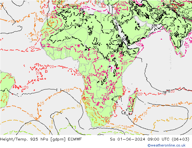 Hoogte/Temp. 925 hPa ECMWF za 01.06.2024 09 UTC