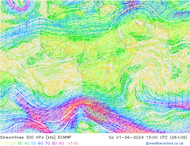 Streamlines 300 hPa ECMWF Sa 01.06.2024 15 UTC