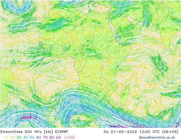 Linia prądu 500 hPa ECMWF so. 01.06.2024 12 UTC