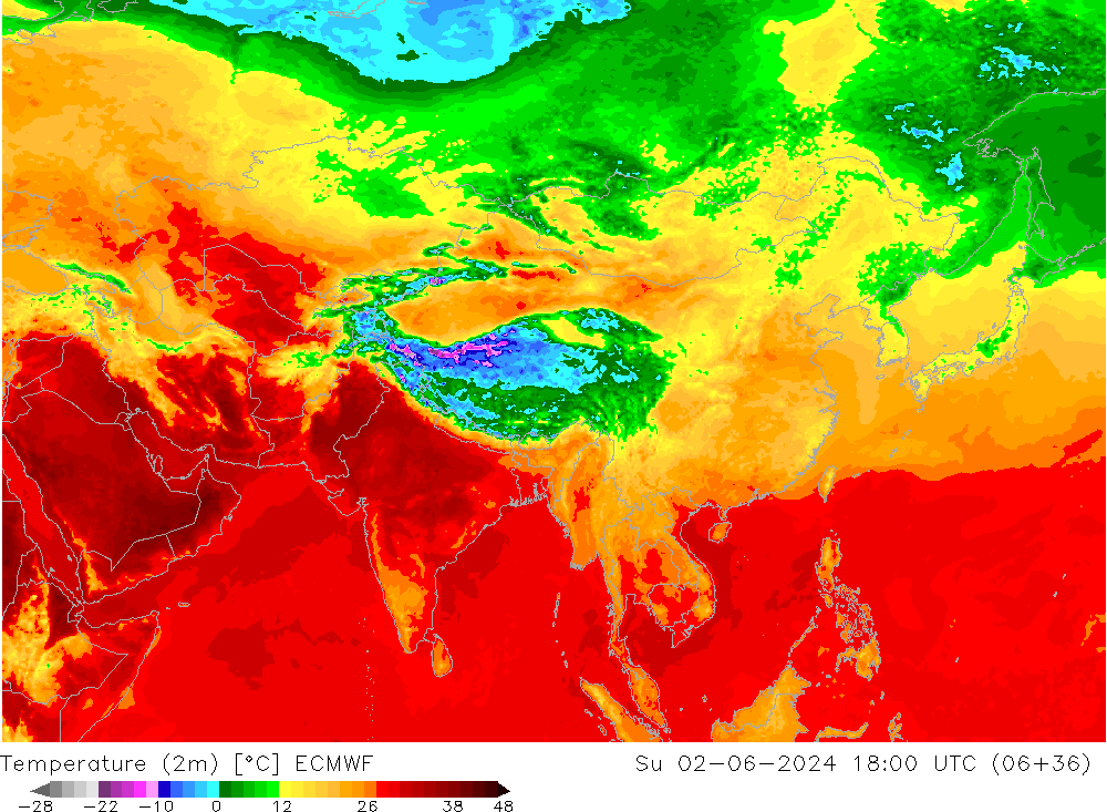 Temperatuurkaart (2m) ECMWF zo 02.06.2024 18 UTC