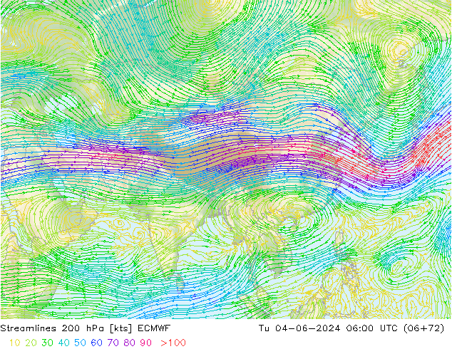 Linha de corrente 200 hPa ECMWF Ter 04.06.2024 06 UTC
