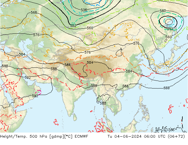 Hoogte/Temp. 500 hPa ECMWF di 04.06.2024 06 UTC