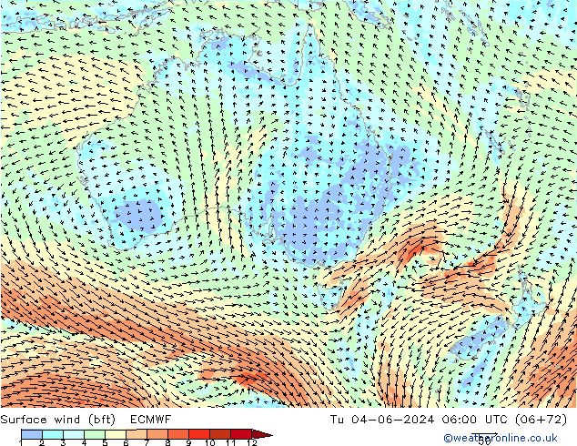 Surface wind (bft) ECMWF Tu 04.06.2024 06 UTC