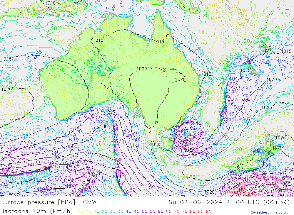 Isotachen (km/h) ECMWF So 02.06.2024 21 UTC