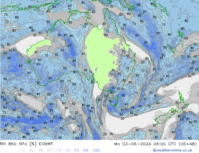 RH 850 гПа ECMWF пн 03.06.2024 06 UTC