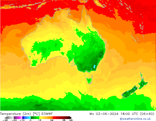 Temperatuurkaart (2m) ECMWF ma 03.06.2024 18 UTC