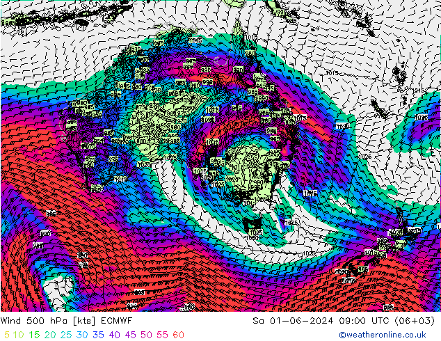 wiatr 500 hPa ECMWF so. 01.06.2024 09 UTC