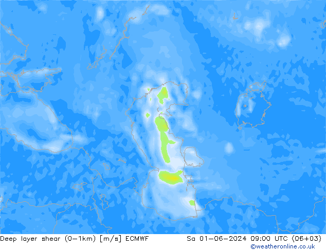 Deep layer shear (0-1km) ECMWF za 01.06.2024 09 UTC