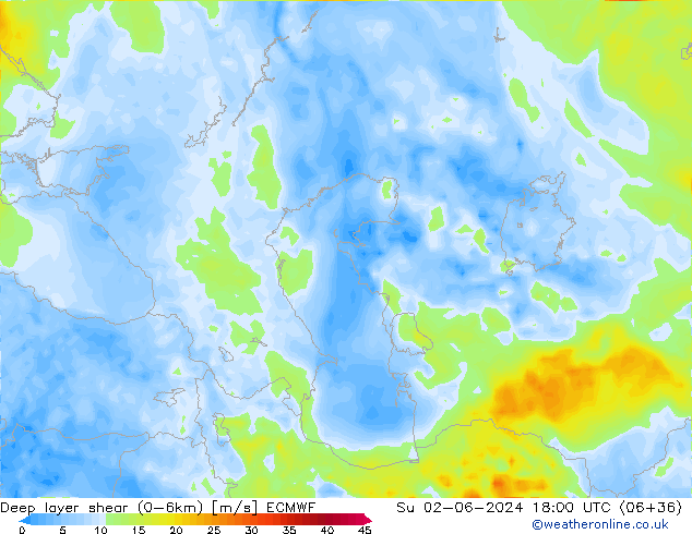 Deep layer shear (0-6km) ECMWF  02.06.2024 18 UTC