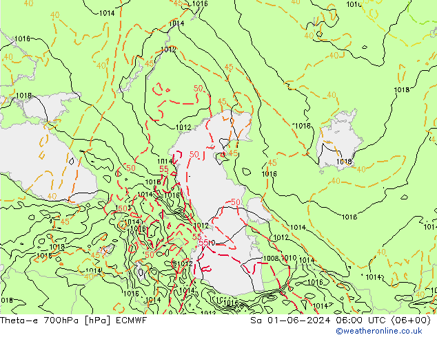 Theta-e 700hPa ECMWF  01.06.2024 06 UTC