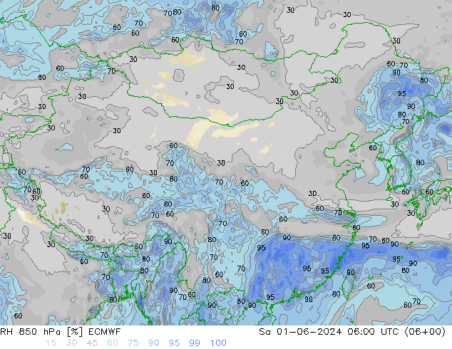 Humedad rel. 850hPa ECMWF sáb 01.06.2024 06 UTC