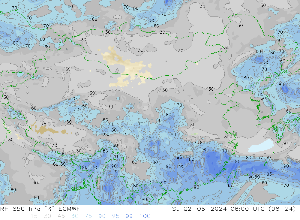RH 850 hPa ECMWF 星期日 02.06.2024 06 UTC
