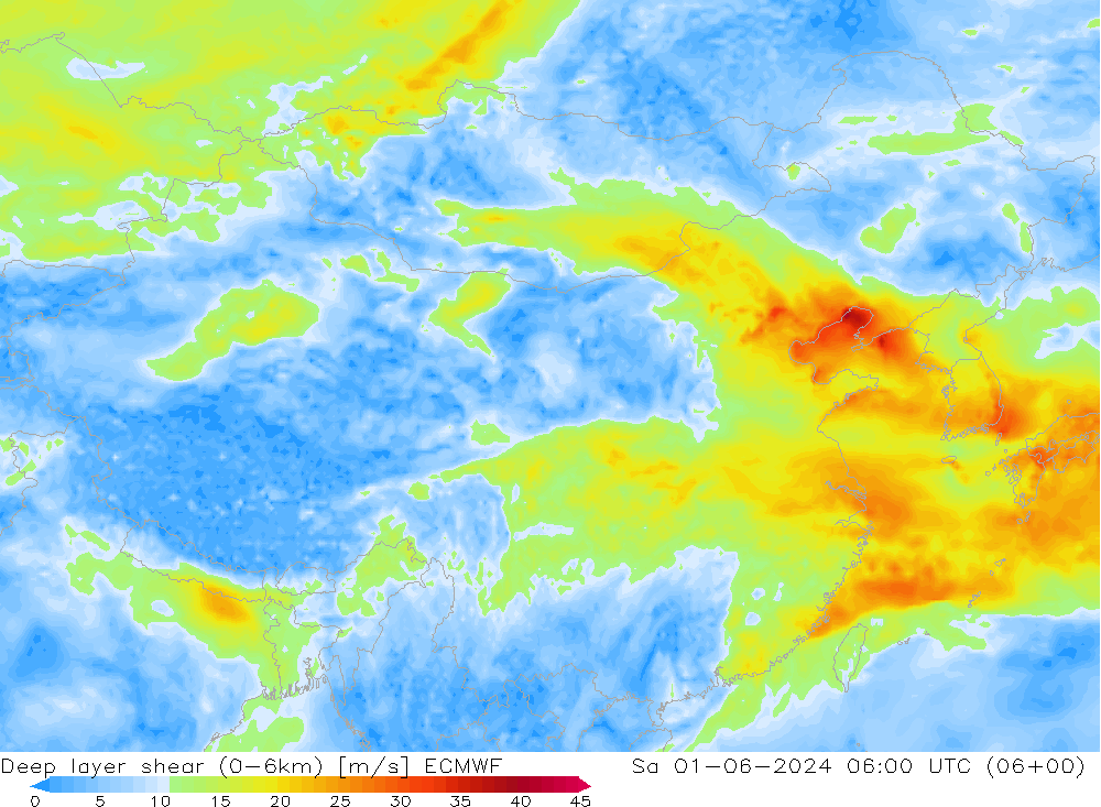 Deep layer shear (0-6km) ECMWF Sa 01.06.2024 06 UTC