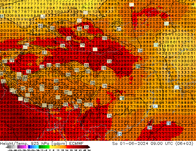 Height/Temp. 925 hPa ECMWF So 01.06.2024 09 UTC
