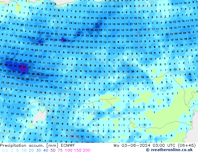 Precipitation accum. ECMWF Mo 03.06.2024 03 UTC