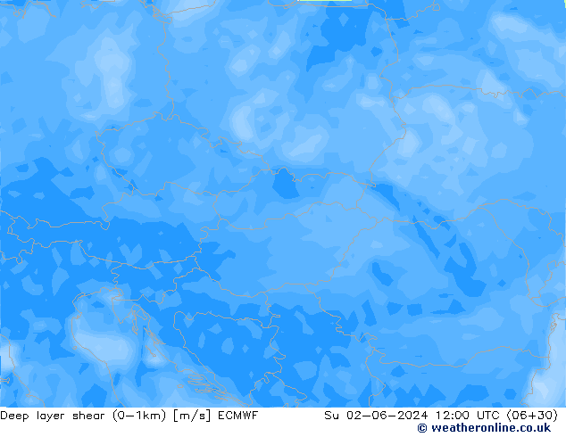 Deep layer shear (0-1km) ECMWF Su 02.06.2024 12 UTC