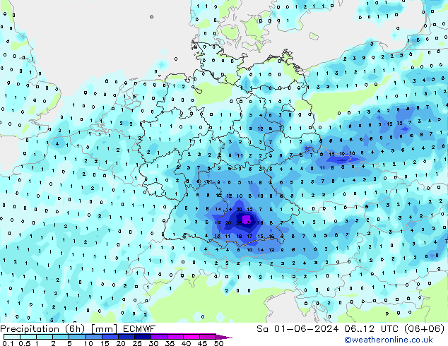 降水量 (6h) ECMWF 星期六 01.06.2024 12 UTC