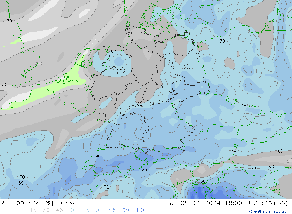 RH 700 hPa ECMWF Su 02.06.2024 18 UTC