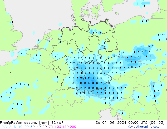 Precipitation accum. ECMWF sab 01.06.2024 09 UTC