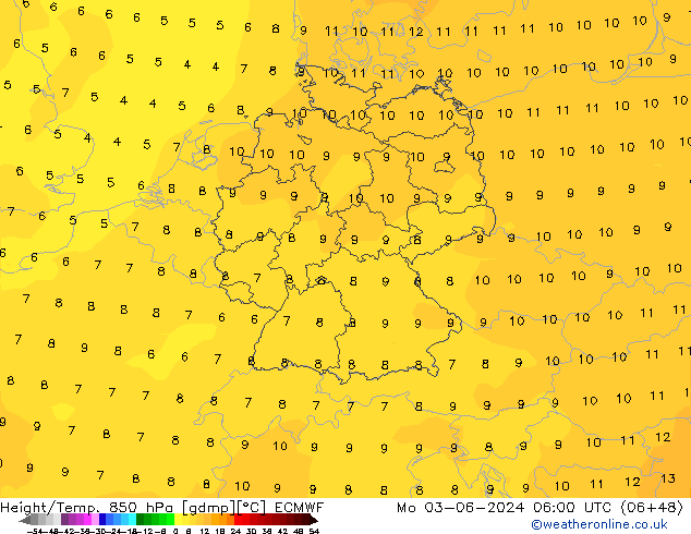 Height/Temp. 850 hPa ECMWF Mo 03.06.2024 06 UTC