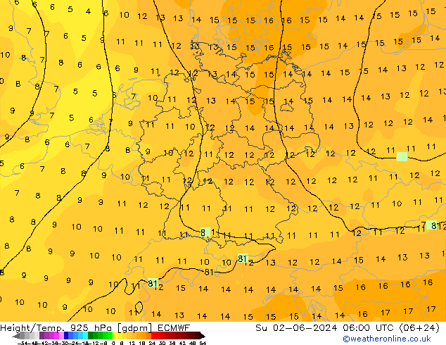 Height/Temp. 925 hPa ECMWF So 02.06.2024 06 UTC