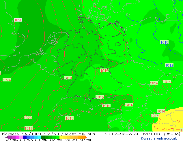 Espesor 700-1000 hPa ECMWF dom 02.06.2024 15 UTC