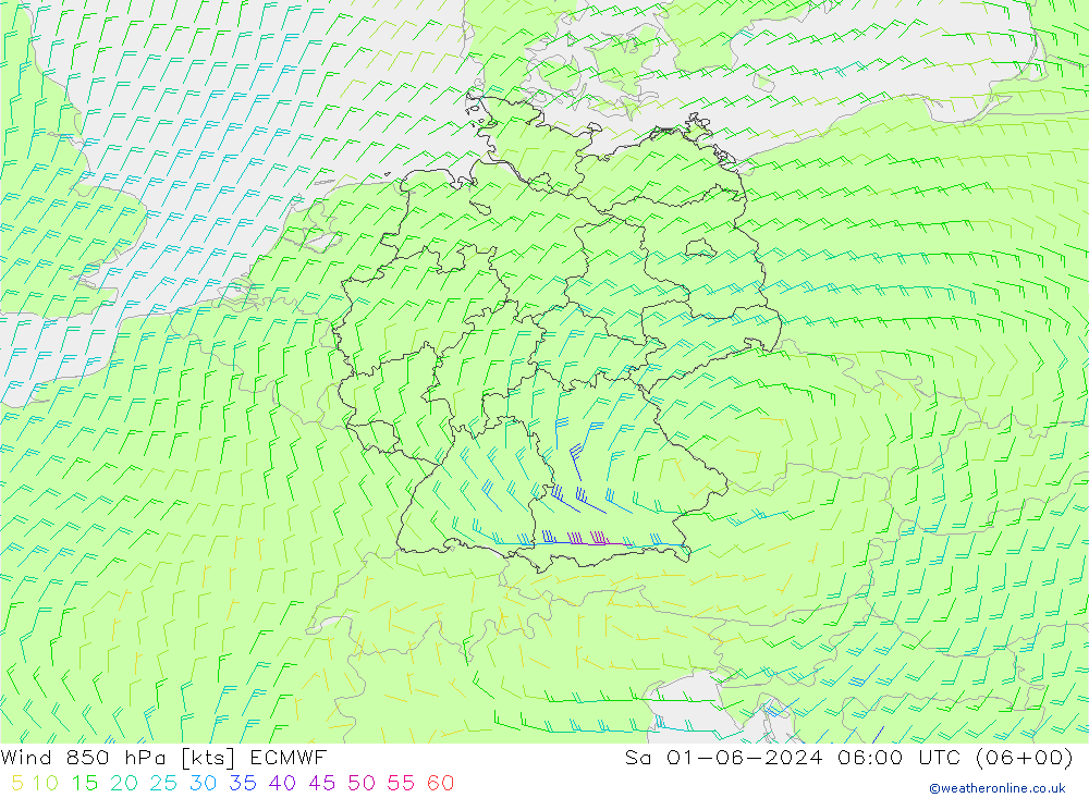 风 850 hPa ECMWF 星期六 01.06.2024 06 UTC