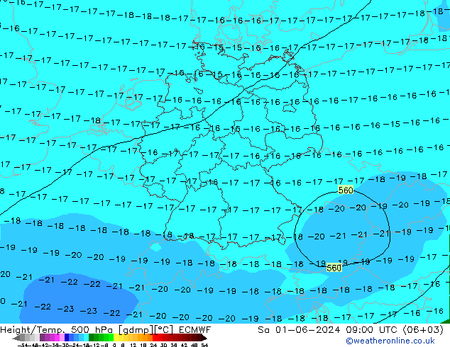 Géop./Temp. 500 hPa ECMWF sam 01.06.2024 09 UTC