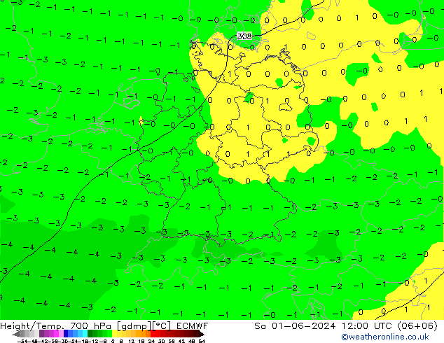 Height/Temp. 700 hPa ECMWF  01.06.2024 12 UTC