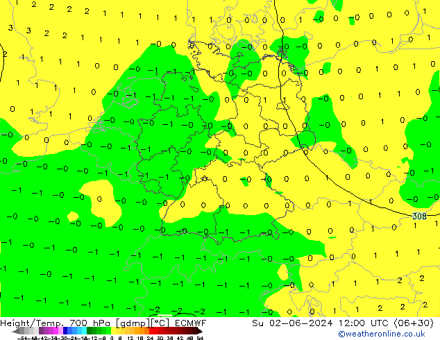 Height/Temp. 700 hPa ECMWF nie. 02.06.2024 12 UTC