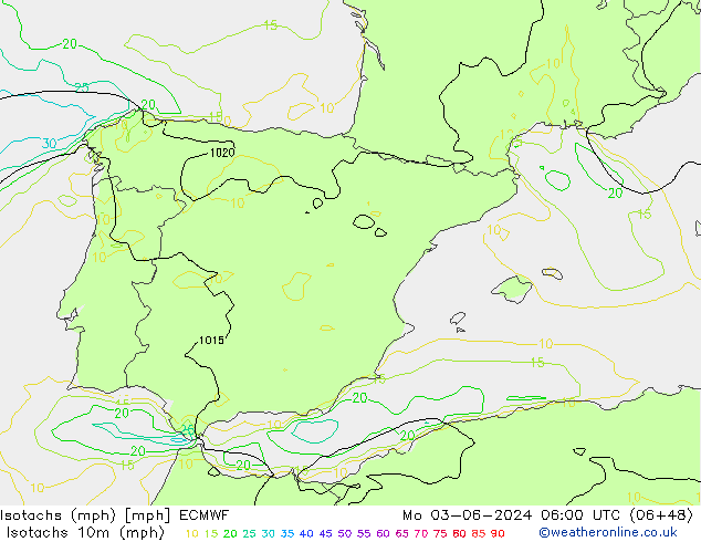 Isotachs (mph) ECMWF Seg 03.06.2024 06 UTC