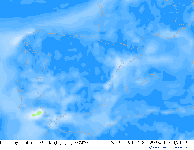 Deep layer shear (0-1km) ECMWF ср 05.06.2024 00 UTC