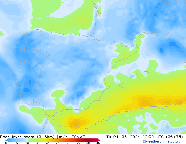 Deep layer shear (0-6km) ECMWF mar 04.06.2024 12 UTC