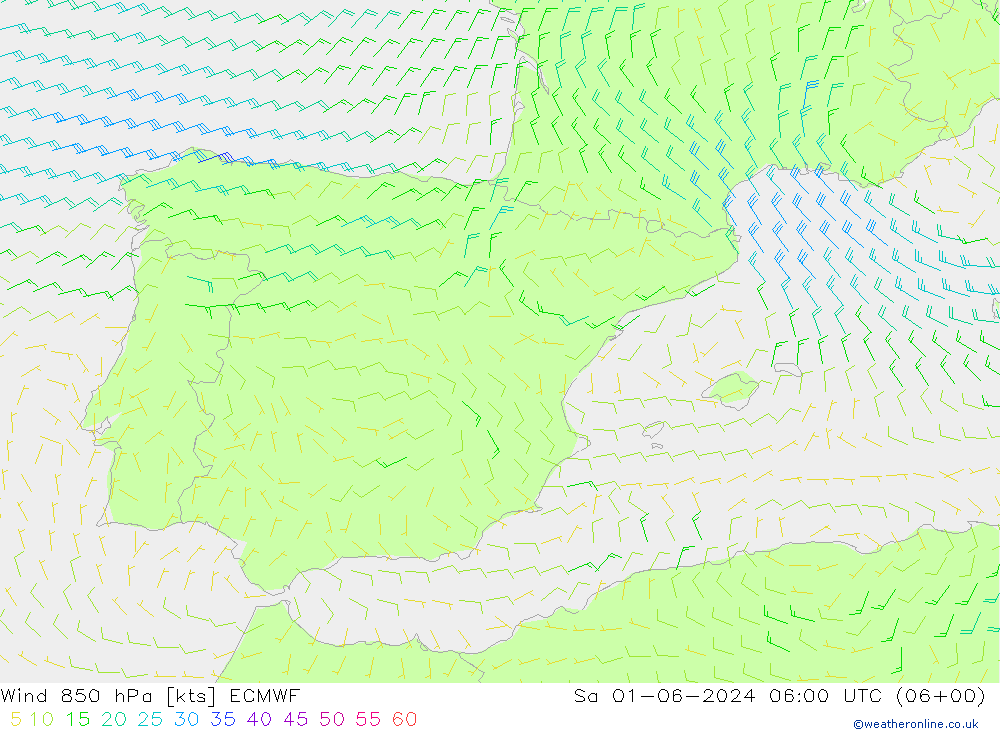 Vent 850 hPa ECMWF sam 01.06.2024 06 UTC