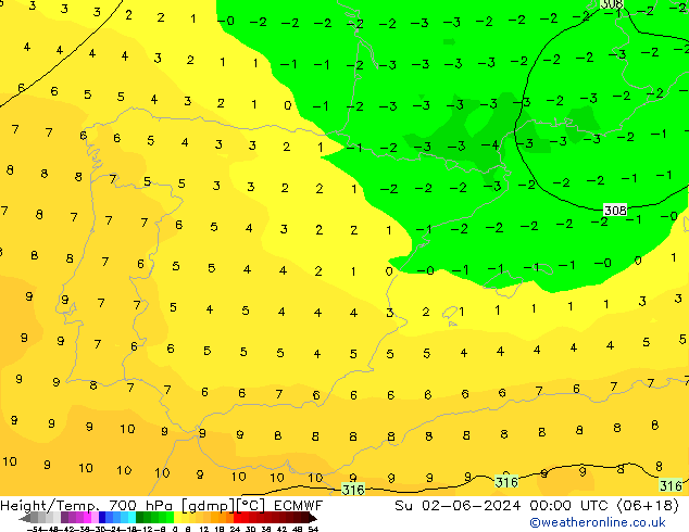 Height/Temp. 700 hPa ECMWF  02.06.2024 00 UTC