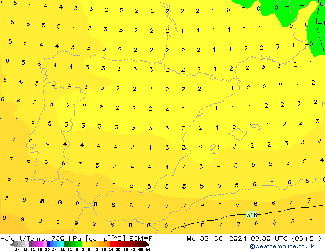 Geop./Temp. 700 hPa ECMWF lun 03.06.2024 09 UTC