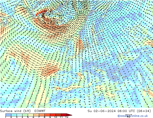 Surface wind (bft) ECMWF Su 02.06.2024 06 UTC